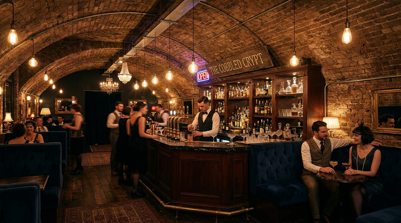 The Subterranean Vault cocktail salon with brick arches and bar